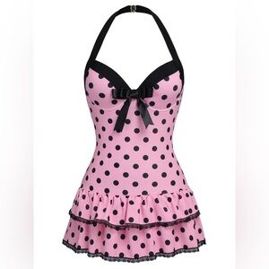 Retro Stage Pink 1940S Halter Polkadots One Piece Swimsuit XL